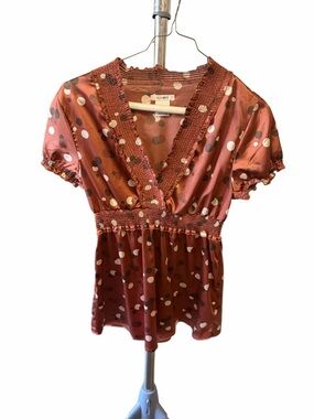 Flowers Brand Rust Polka Dot V-Neck Smocked Women's Top